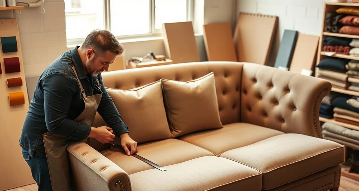 4-cushion sofa fabric yardage measurement guide Upholstery professional calculating fabric yardage requirements for a 4-cushion sofa reupholstery project using measurement tools and fabric samples