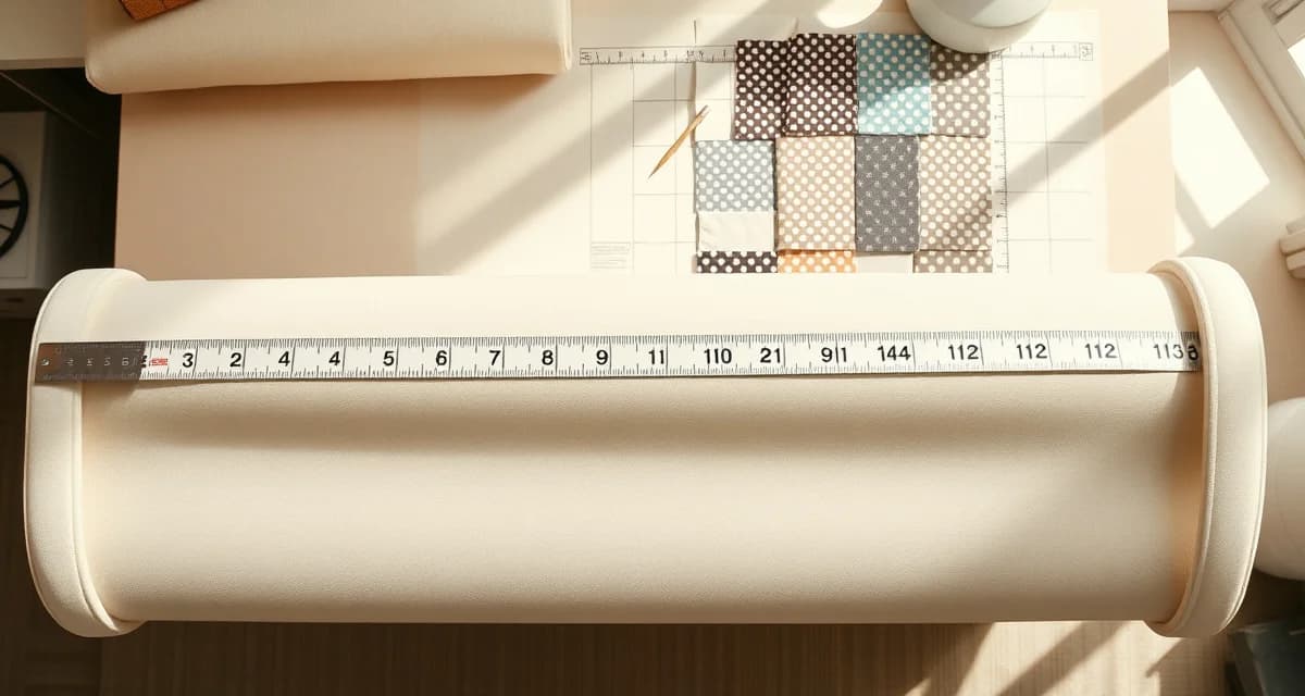 Standard 54-inch upholstery fabric width measurement Measuring tape showing 54-inch width on residential upholstery fabric with cutting layout guides for accurate yardage calculation.