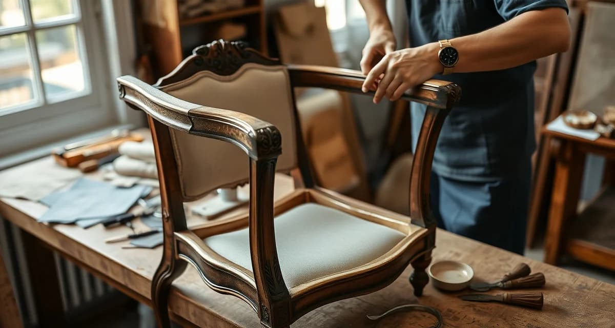 Expert antique chair reupholstery craftsmanship Professional upholsterer restoring antique chair frame with traditional techniques and premium fabrics