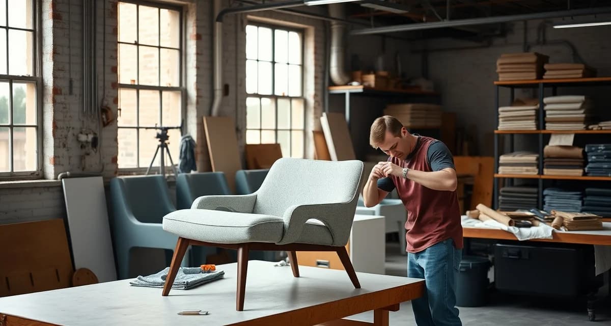 Atlanta Upholstery Shop Commercial Reupholstery Services Professional upholsterer reupholstering a commercial dining chair in an Atlanta upholstery shop with fabric samples and tools on display.