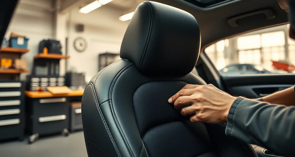 Expert automotive upholstery techniques for seat restoration Professional automotive upholstery technician reupholstering a car seat with precision tools and premium fabric materials in a modern workshop