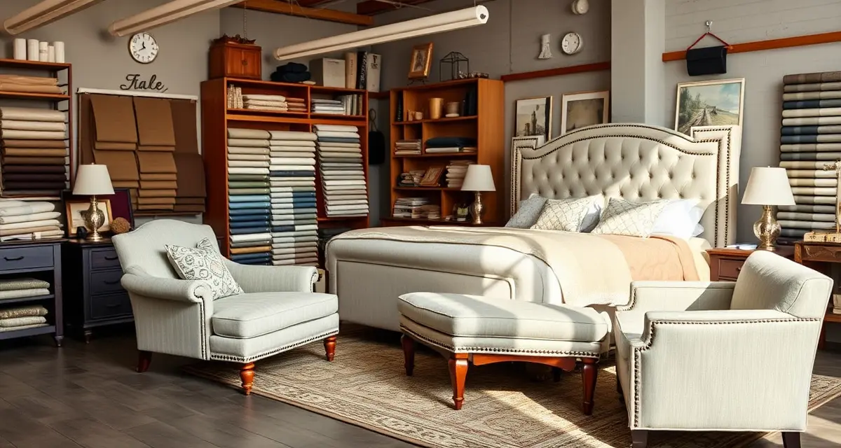 Complete bedroom set fabric coordination for upholstery shops Coordinated fabric samples for bedroom set including headboard, chair, and bench upholstery in matching patterns and dye lots