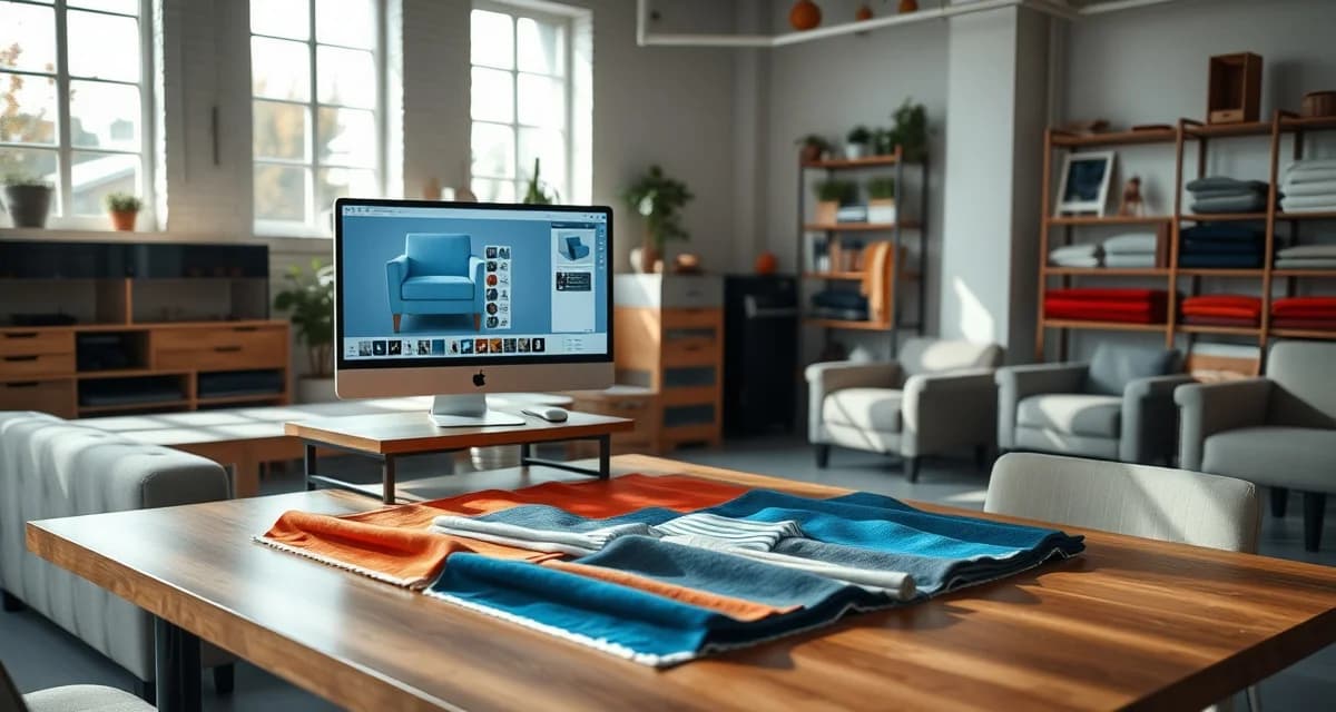 StitchDesk upholstery shop management software interface Modern upholstery shop software interface showing fabric visualization and yardage calculation tools for professional furniture businesses