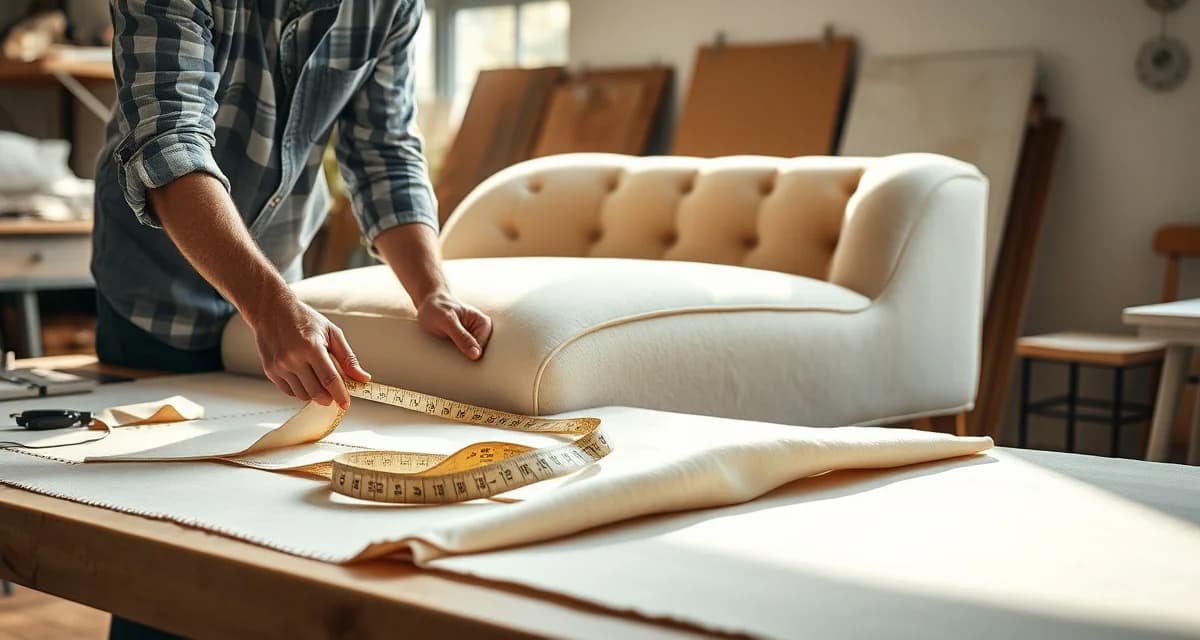 Measuring fabric for chaise lounge reupholstery Upholsterer measuring fabric yardage requirements for a chaise lounge reupholstery project using measuring tape and pattern pieces