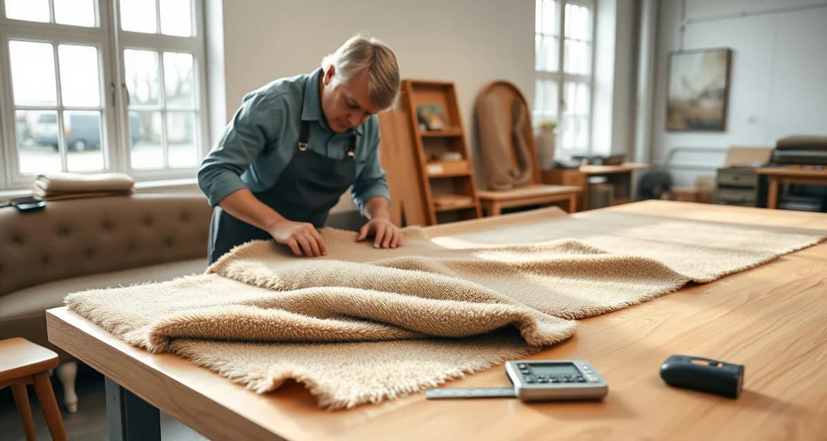 Chenille fabric measurement and calculation workflow Professional upholstery craftsperson calculating chenille fabric yardage with precision measurement tools and fabric samples on work table