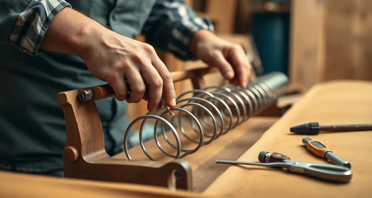 Professional coil spring repair and retying process Upholstery craftsman demonstrating coil spring retying technique on traditional sofa frame during professional repair