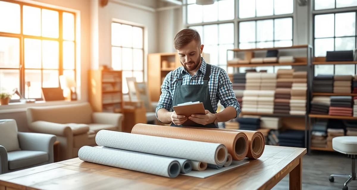 COM fabric intake inspection and quality control Upholstery shop professional inspecting customer-owned material fabric with measurement tools and documentation checklist