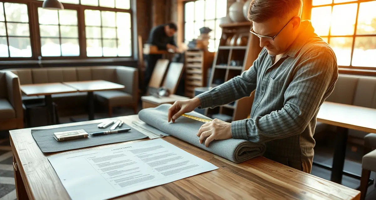 Commercial upholstery bidding and contract management Upholstery professional reviewing commercial contract bid with fabric samples and measurement tools for restaurant booth project