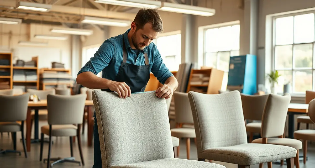 Professional upholstery management for commercial shops Commercial upholstery shop using StitchDesk software to manage large-scale fabric planning and restaurant seating projects efficiently.