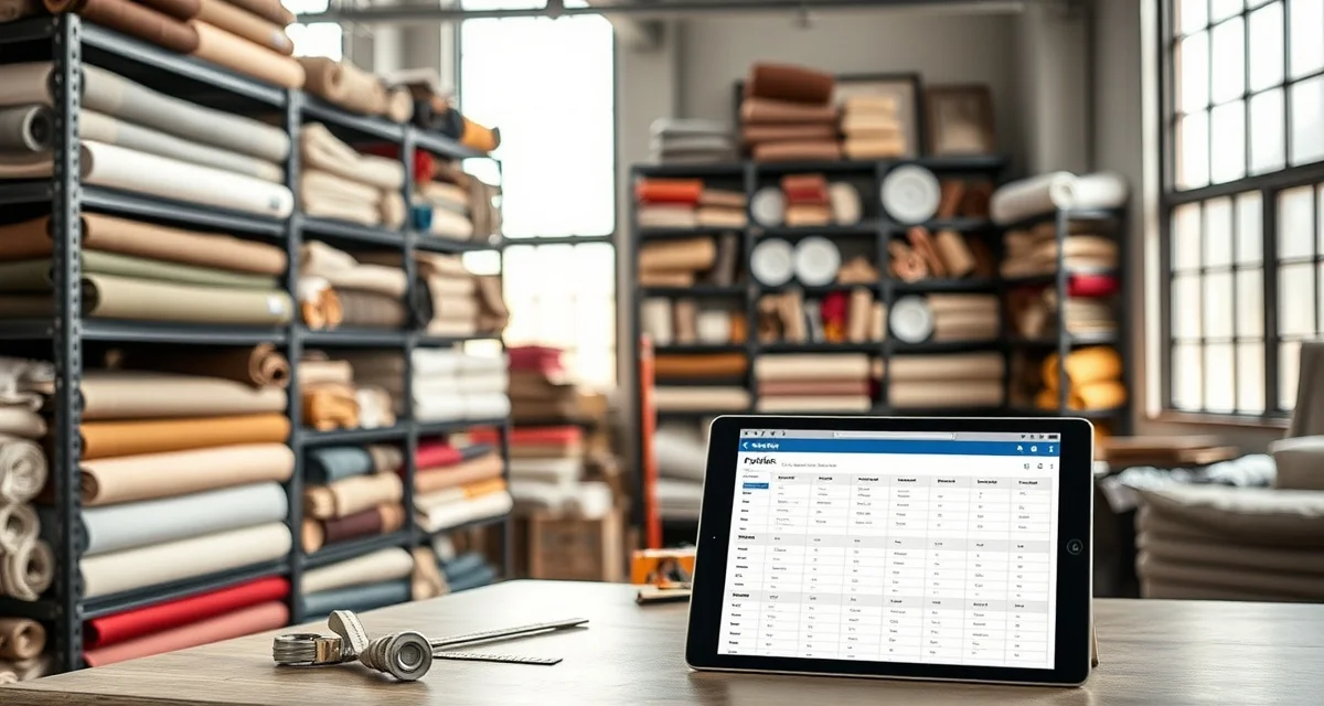 Fabric inventory management for large upholstery projects Commercial upholstery yardage planning system with fabric inventory tracking and phase-based project management on digital platform