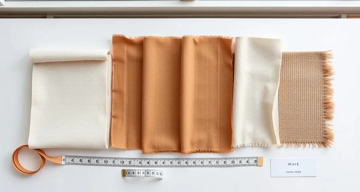 Premium cotton weave comparison for fabric yardage Cotton fabric swatches showing different weave types for upholstery yardage calculation with measuring tape