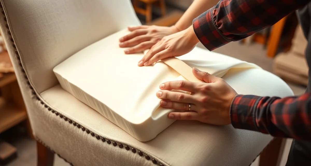 Proper Dacron wrap application technique Dacron batting being applied over foam cushioning in upholstery, showing proper wrapping technique for creating smooth cushion profiles.