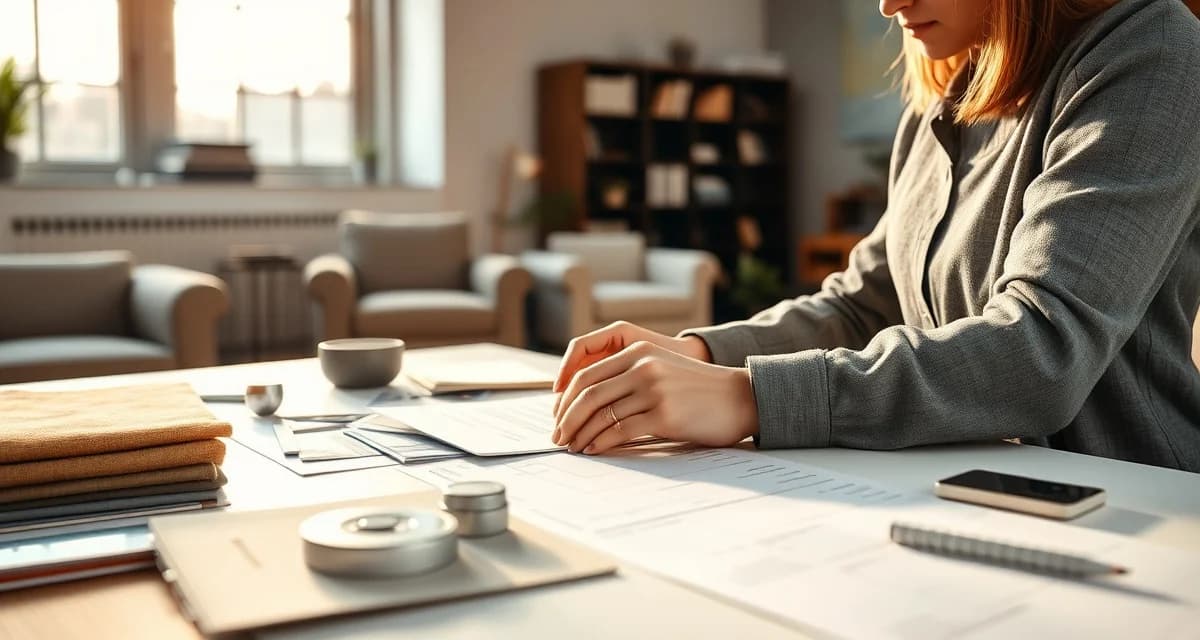 Designer managing upholstery client relationships Professional upholstery designer managing client projects with fabric swatches and COM specifications at modern workspace