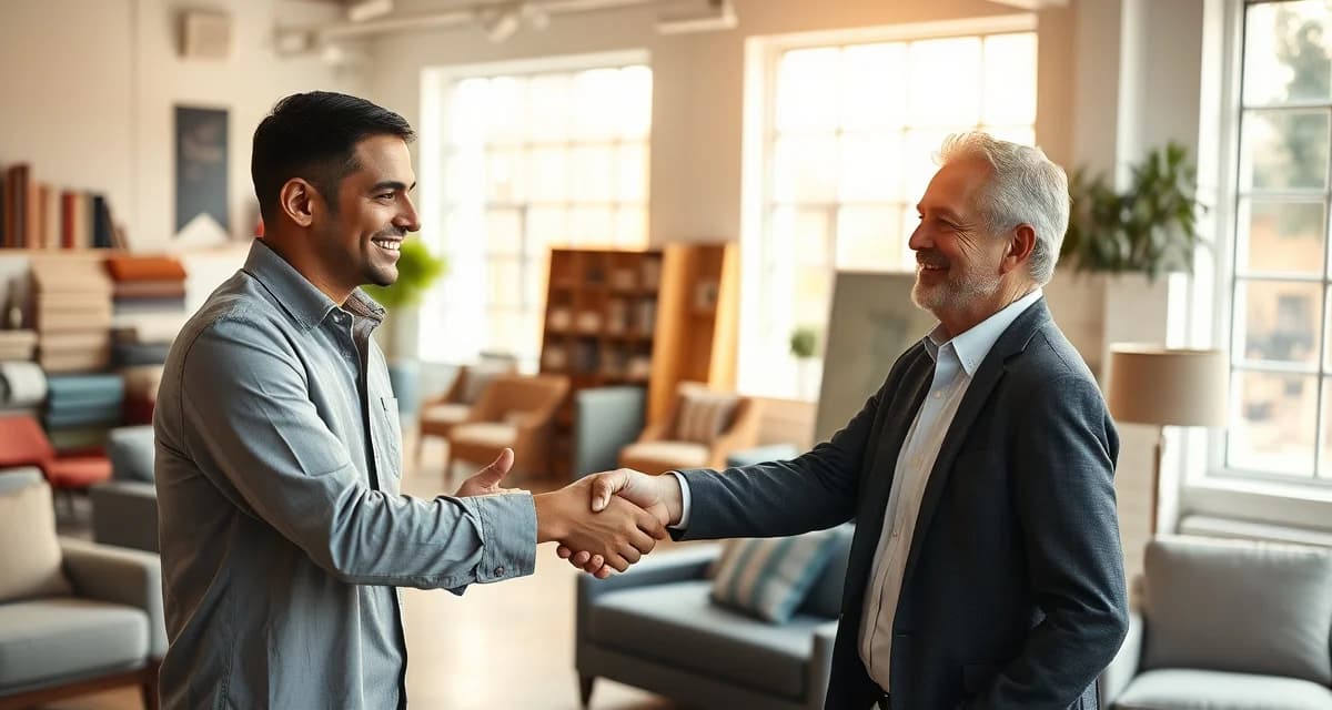 Building trust with designer referral partners Upholstery shop owner and interior designer establishing a professional referral partnership in a modern studio setting with fabric samples.