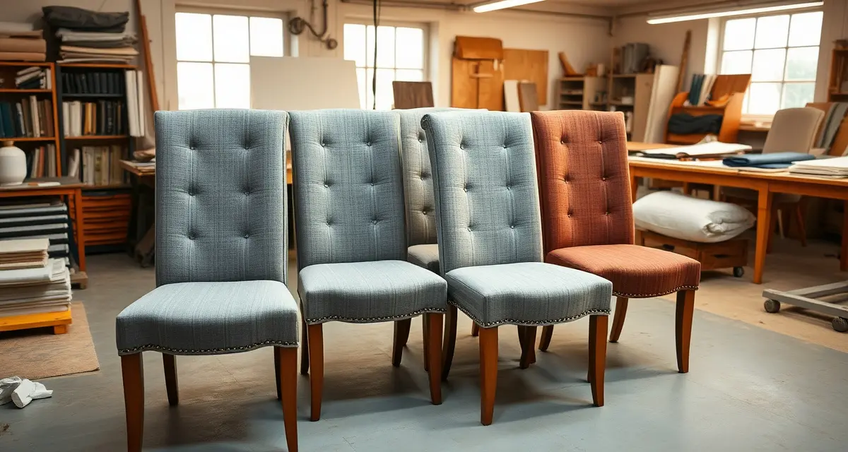 Professional dining chair reupholstery batch production process Batch reupholstery workflow showing multiple dining chairs in assembly-line production setup with organized workspace and fabric materials.