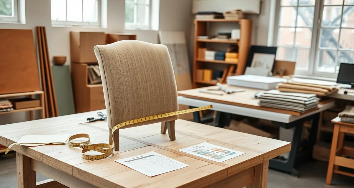 Quick fabric yardage method for dining chair seats Measuring dining chair seat for fabric yardage calculation with tape measure and pattern notes on workbench