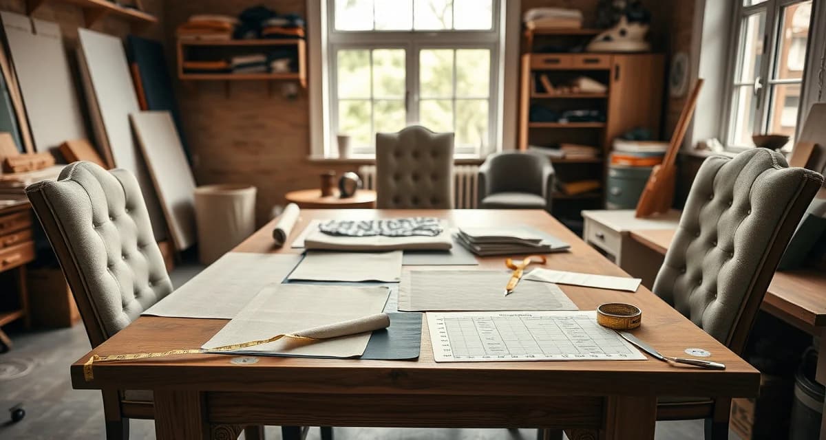 Pattern repeat guide for dining chair upholstery planning Dining set fabric planning layout showing pattern repeat calculations for multiple chairs with measurement guides and fabric swatches