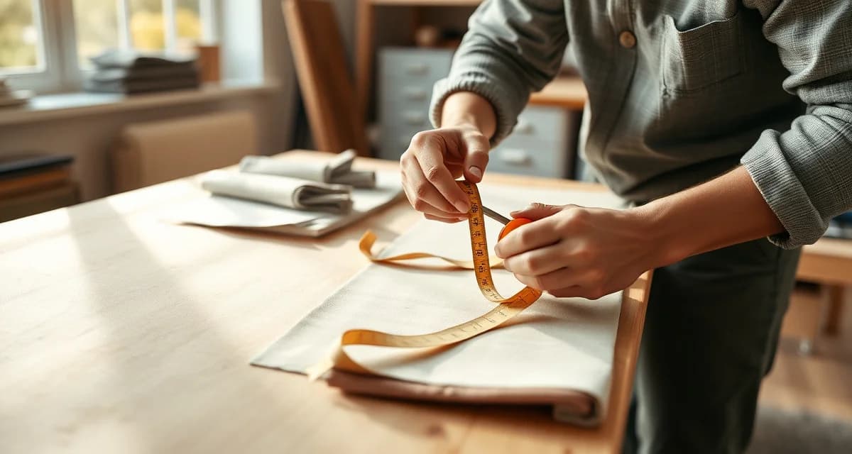 Fabric measurement tools for dining chair upholstery Professional measuring tape and fabric swatches on upholstery workbench for calculating fabric yardage for dining chair reupholstery projects.