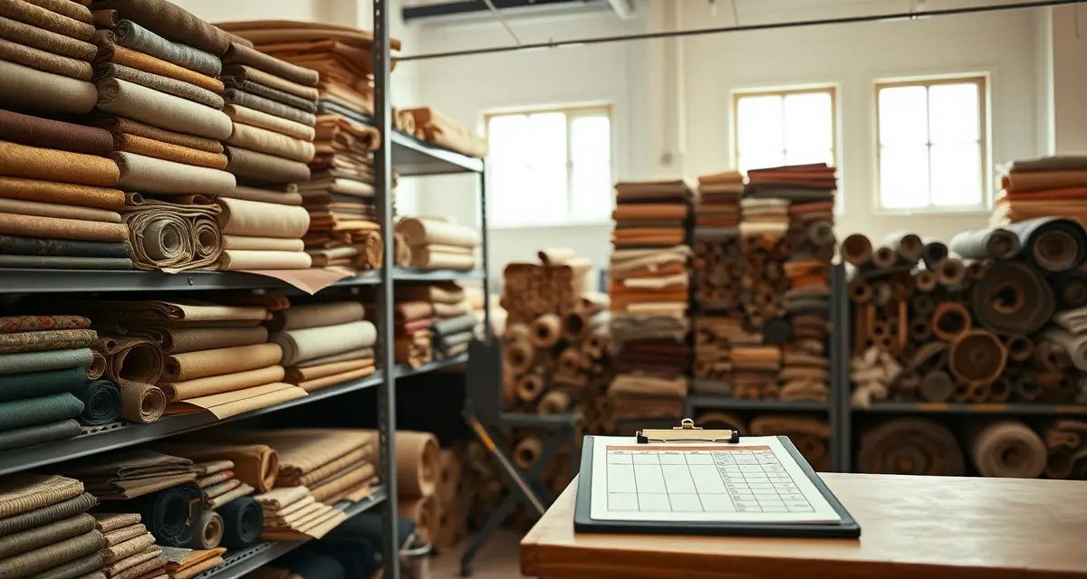 Professional fabric inventory tracking setup for upholstery businesses Organized fabric inventory system in upholstery shop with color-coded remnant storage and tracking documentation for efficient yard management.