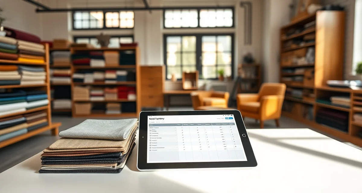 Fabric ordering and inventory tracking for upholstery businesses Organized fabric order management system with color swatches and digital tracking on tablet in upholstery workshop