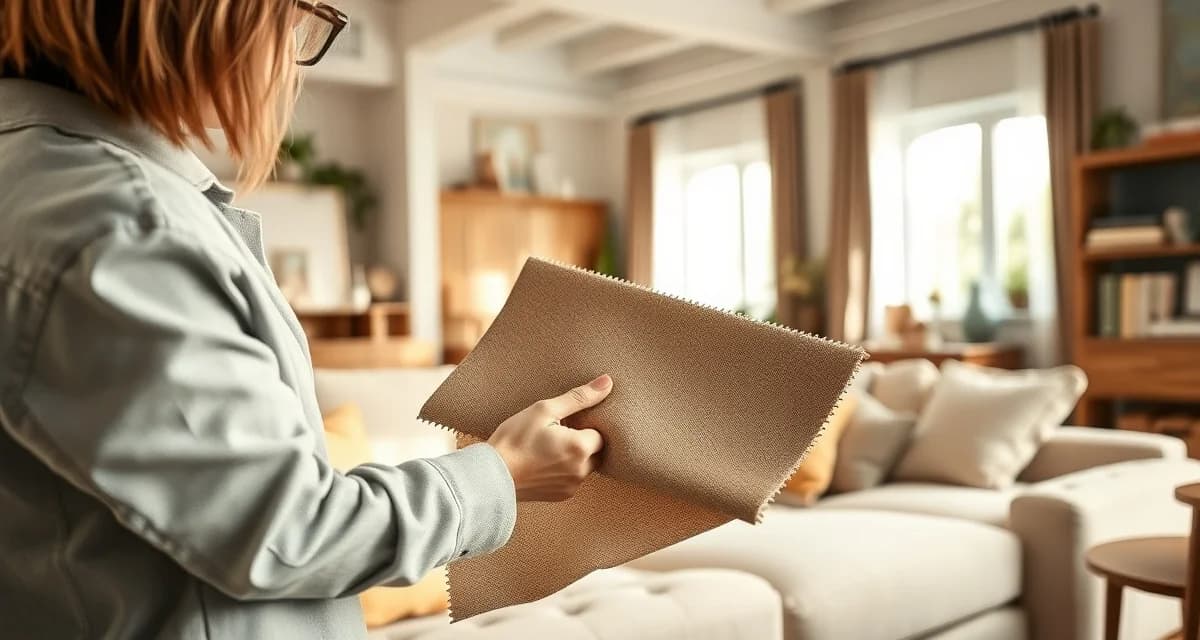 Fabric visualization on furniture for upholstery approval Designer holding fabric swatch against sofa for client approval in professional upholstery consultation setting