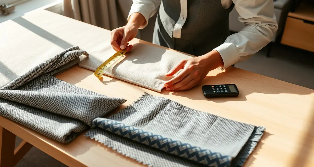 Accurate fabric measurement for upholstery reupholstery work Upholstery professional measuring fabric yardage for reupholstery project with measuring tape and calculator