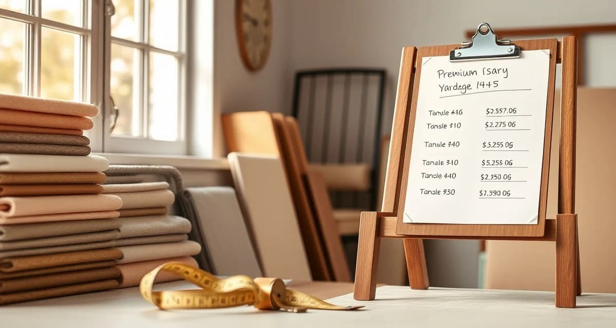 Dining chair fabric yardage measurement and calculation Fabric yardage calculator setup for dining chairs showing measurement tools, fabric swatches, and pricing worksheet for accurate upholstery quoting.