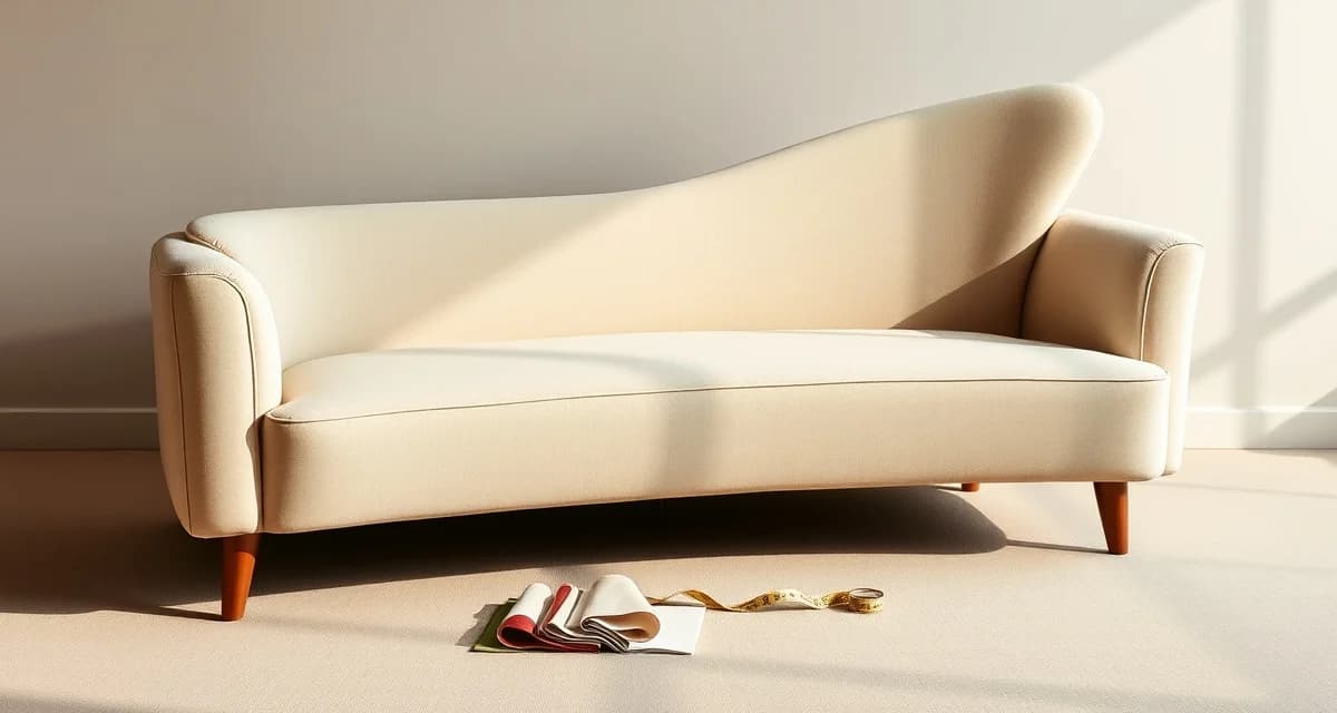 Fainting Couch Yardage Calculator Guide Elegant fainting couch with curved asymmetrical silhouette showing fabric upholstery and measuring guide for yardage calculation