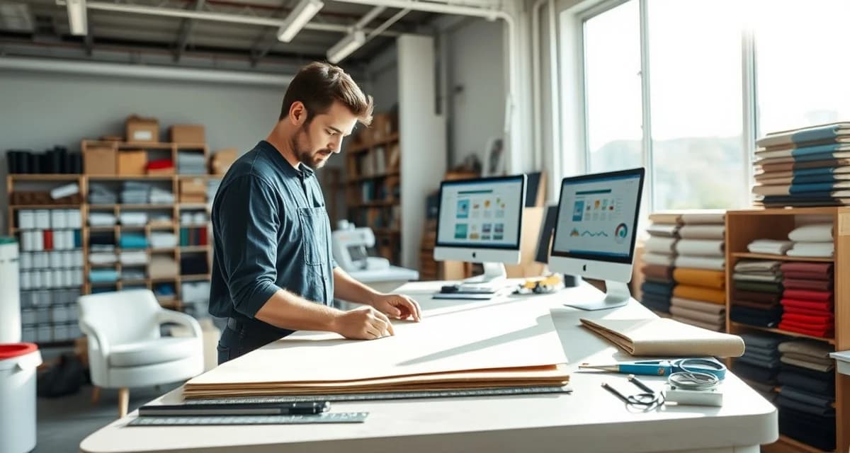 StitchDesk upholstery software for Florida shops Professional upholstery shop in Florida with marine vinyl and residential fabric samples, showing software dashboard for managing multiple fabric types