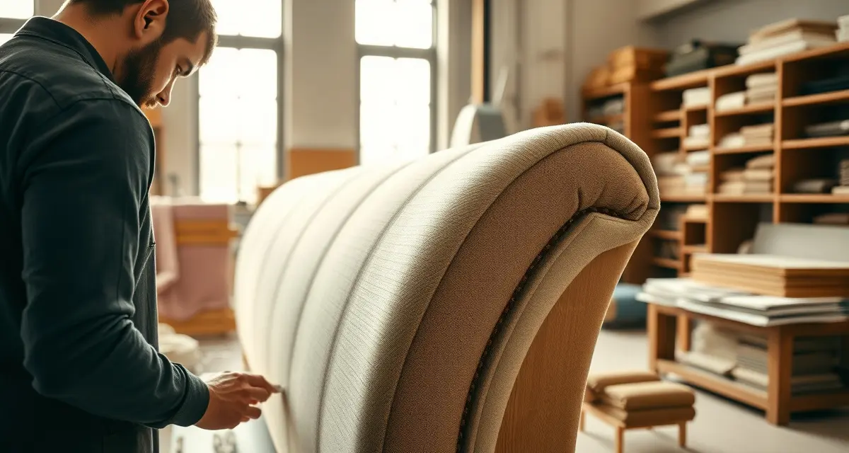Headboard upholstery craftsmanship demonstration Professional upholsterer reupholstering a custom fabric headboard with foam padding and wooden frame in workshop setting