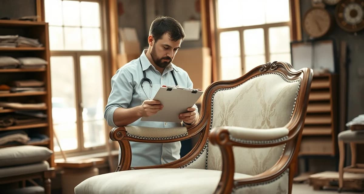 Professional heirloom furniture restoration process Skilled upholsterer examining and documenting an antique family heirloom armchair during restoration assessment