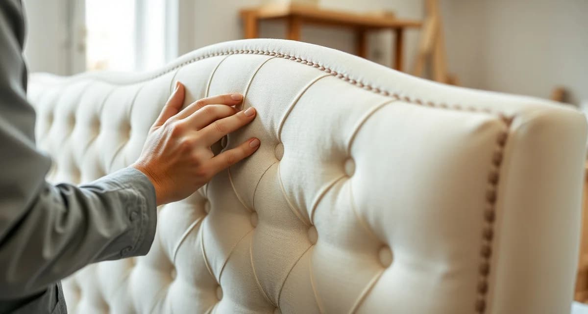 Headboard reupholstery tufting process demonstration Close-up of professional upholsterer demonstrating tufting technique on a diamond-patterned cream headboard with needle and thread