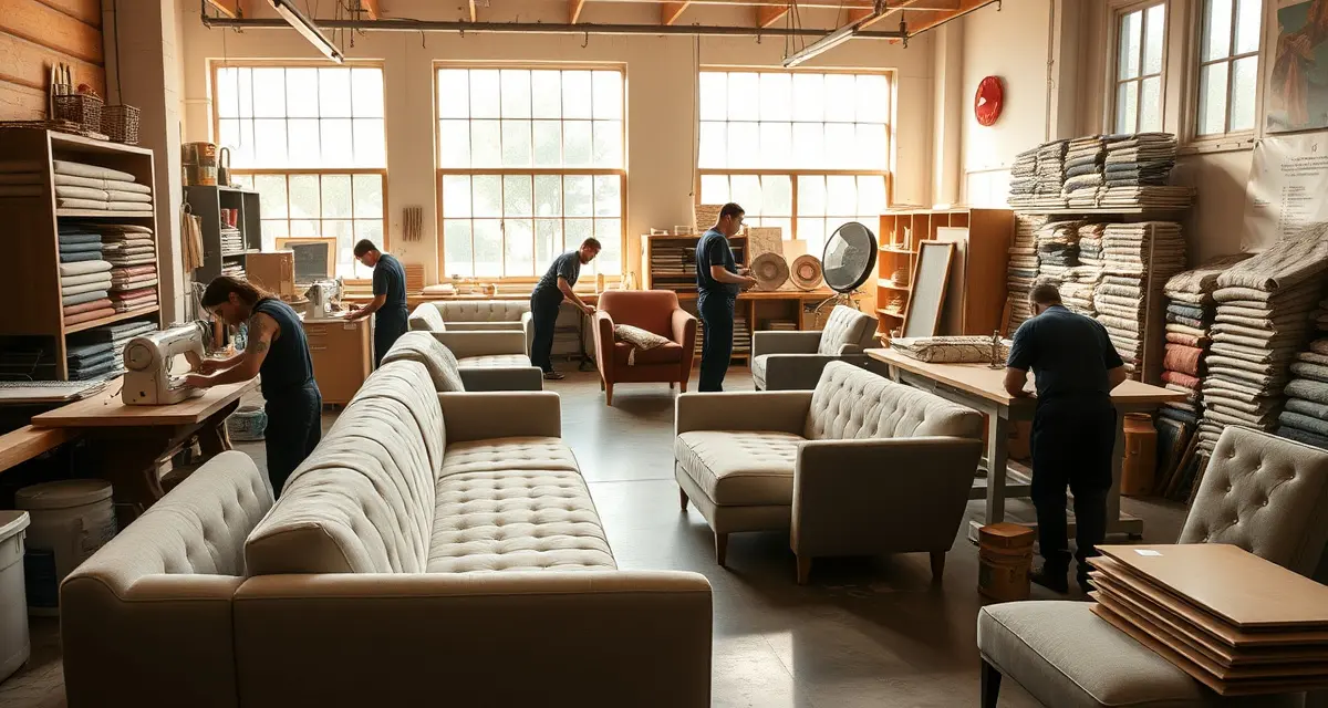 Los Angeles upholstery business market expertise Professional upholstery shop workspace in Los Angeles showing skilled craftspeople and premium fabrics for high-end client work