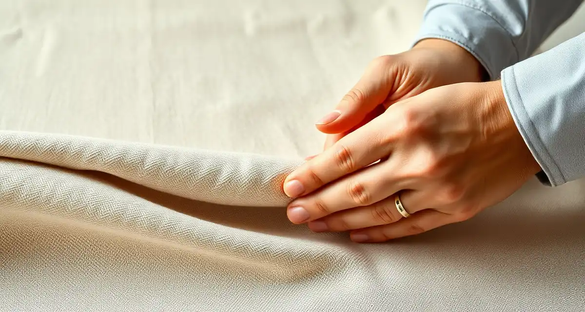 Linen fabric inspection for upholstery work Professional upholsterer examining linen fabric texture and weave for upholstery projects, demonstrating material quality assessment