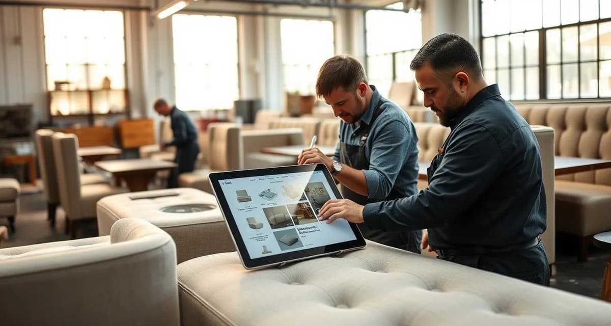 StitchDesk upholstery software for Louisiana shops Professional upholstery shop in Louisiana with management software displayed on tablet while craftsman works on commercial furniture reupholstery