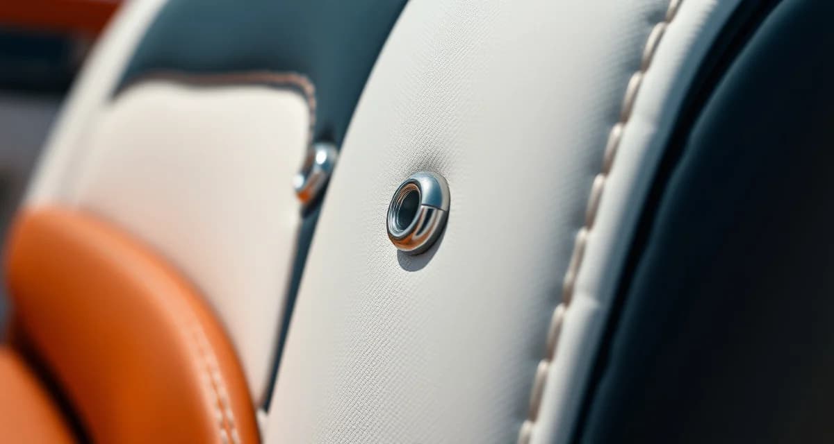 UV-resistant marine upholstery threading and hardware specifications Close-up of marine-grade thread and stainless steel hardware on boat upholstery seams, demonstrating UV-resistant stitching techniques for marine environments.