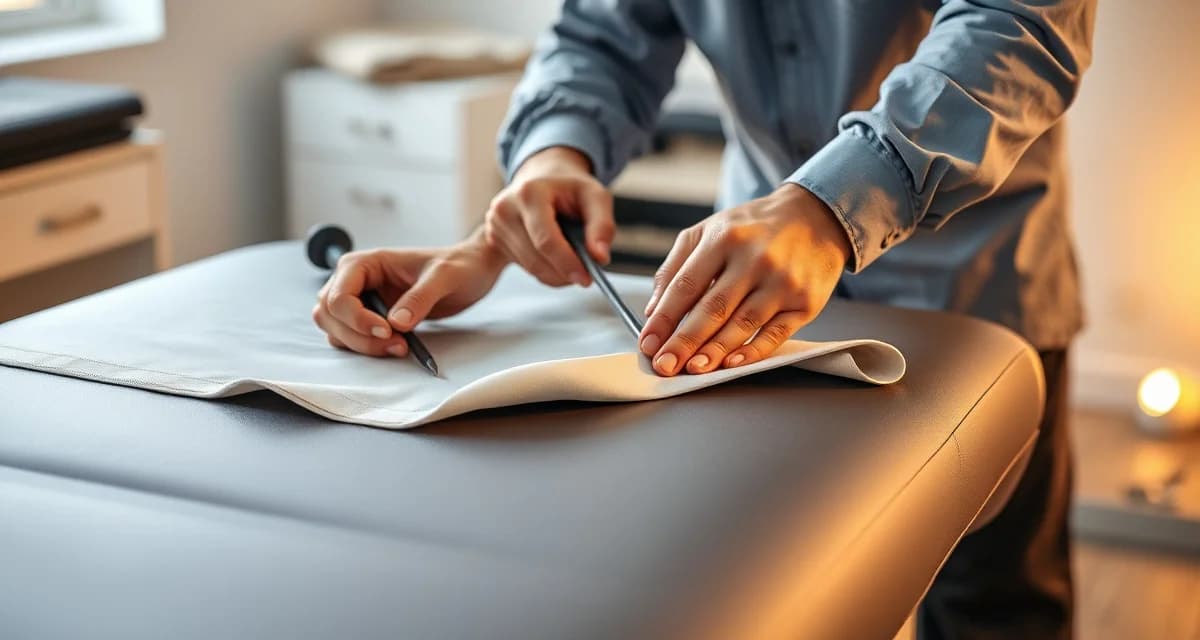 Fabric yardage measurement for treatment table reupholstery Professional reupholstering of a medical massage table with vinyl fabric measurement and cutting demonstration