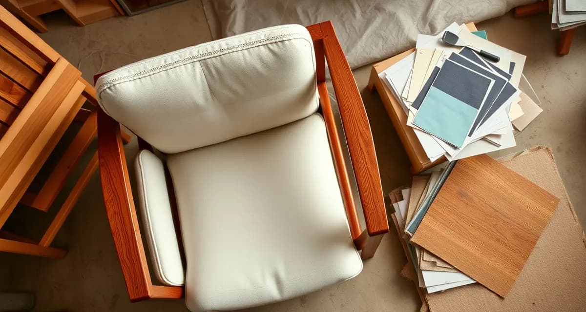 Mid-century furniture restoration techniques Mid-century modern lounge chair reupholstery showing exposed frame construction, foam padding selection, and period-appropriate fabric choices for authentic restoration.