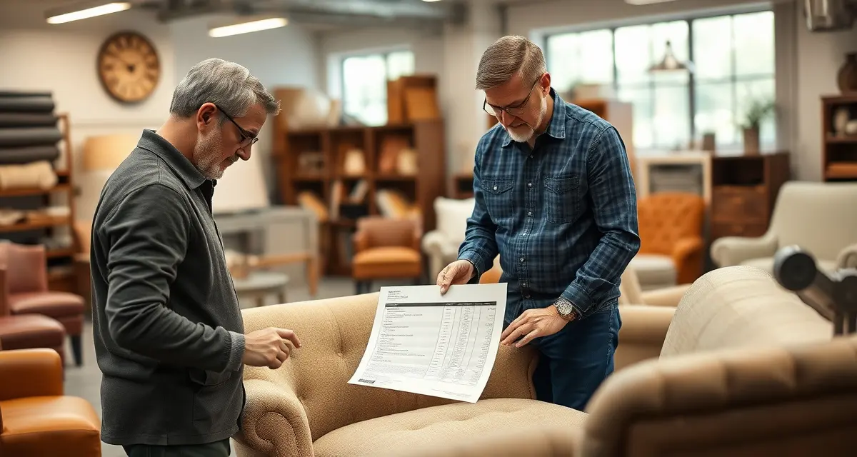 Regional reupholstery pricing consultation Upholstery professional discussing Midwest reupholstery costs and fabric pricing options with client in modern workshop setting