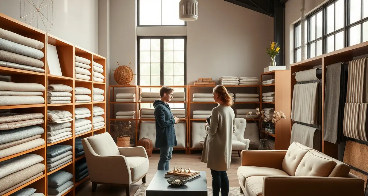 Minneapolis upholstery design consultation Upholstery shop in Minneapolis showcasing neutral Scandinavian fabric collections and design consultation workspace with natural lighting