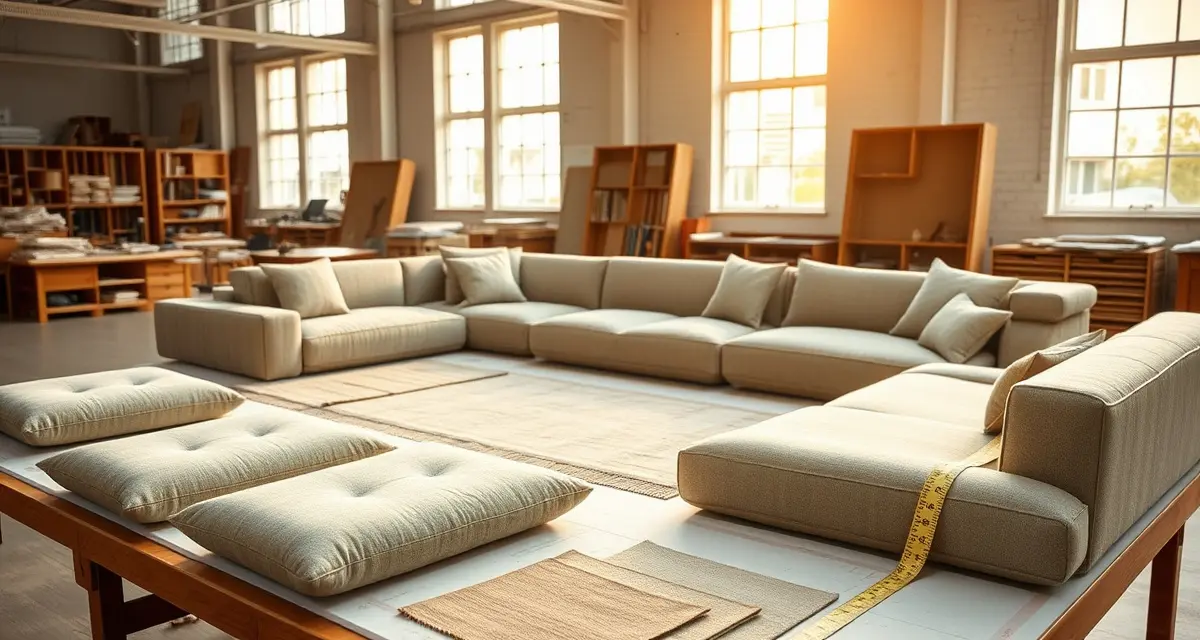 Calculating fabric yardage for modular sectional components Modular sectional sofa pieces with fabric swatches and yardage measurement tools on upholstery design table