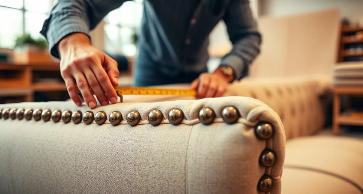 Nailhead sofa fabric calculation Detailed view of nailhead trim sofa showing border nailhead placement and fabric yardage measurements for upholstery projects
