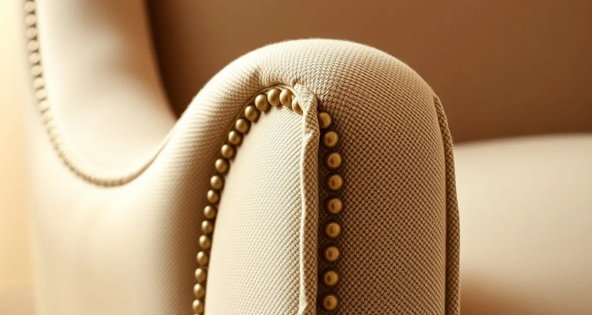 Nailhead trim placement guide for upholstery Close-up of nailhead trim on upholstered chair showing proper fabric tuck depth and nail placement technique