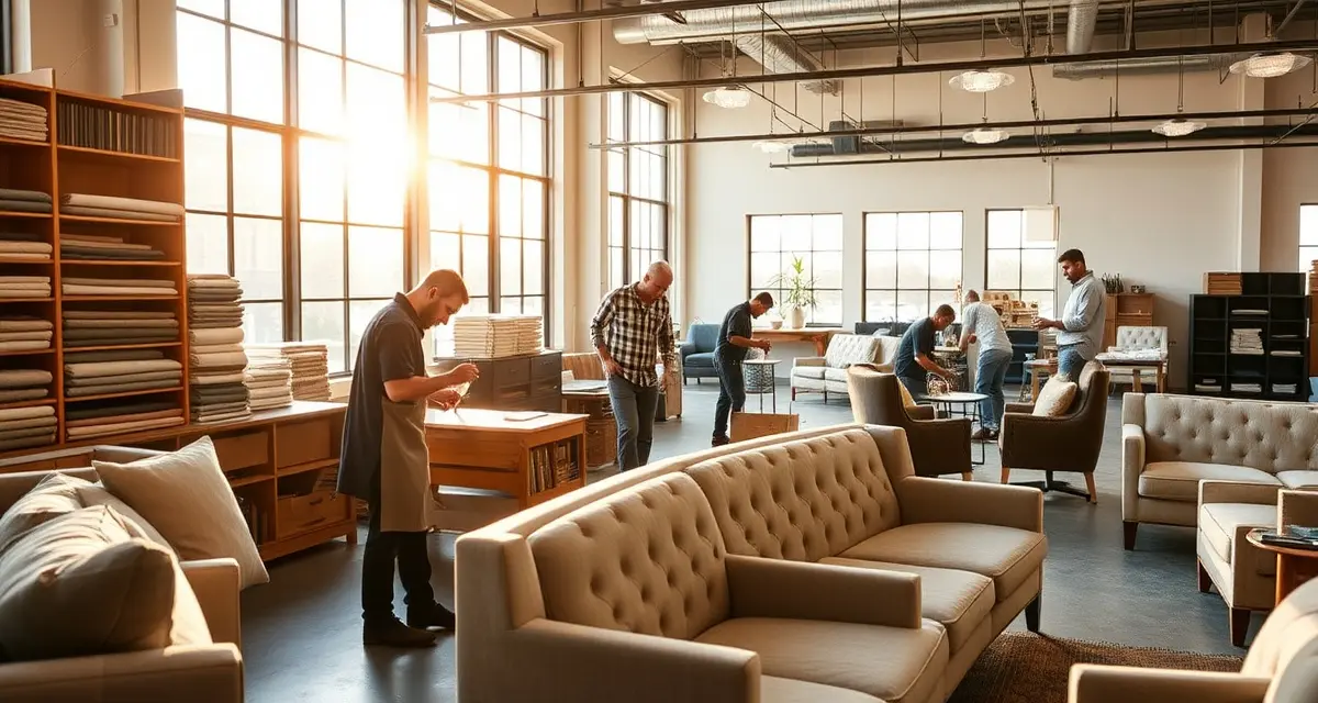 Nashville upholstery shop specializing in commercial hospitality furniture Professional upholstery shop in Nashville with craftspeople working on commercial furniture for hospitality industry projects