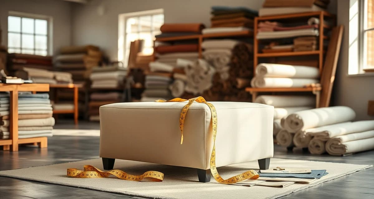 Ottoman Reupholstery Fabric Requirements Ottoman fabric yardage measurement guide showing different ottoman styles with measuring tape and fabric samples for reupholstery projects.