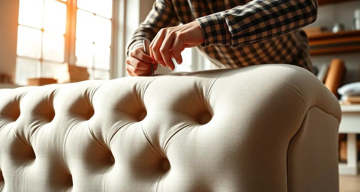 Expert ottoman reupholstery craftsmanship Professional upholsterer working on tufted ottoman reupholstery showing button placement and fabric stitching details.