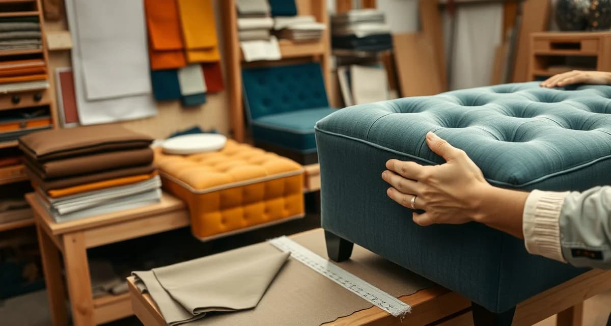 Ottoman reupholstery project examples Variety of ottoman styles showing square box, tufted, and storage ottoman designs with fabric samples and reupholstery techniques