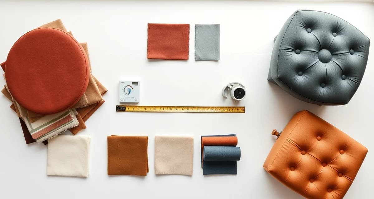 Fabric yardage comparison for ottoman reupholstery styles Ottoman upholstery fabric yardage guide showing round, square, and tufted ottoman styles with cutting diagrams and fabric waste calculations.