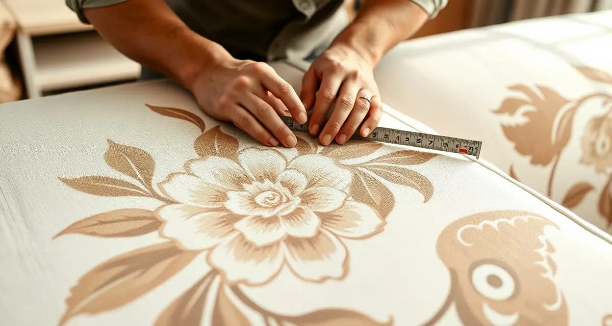 Professional pattern centering technique for upholstery Upholsterer centering a large floral pattern on sofa fabric to demonstrate proper pattern placement technique