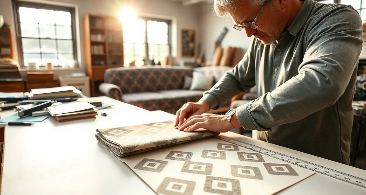 Pattern repeat measurement and calculation for upholstery quotes Upholstery shop professional measuring pattern repeat on fabric samples for accurate job quoting and pricing.